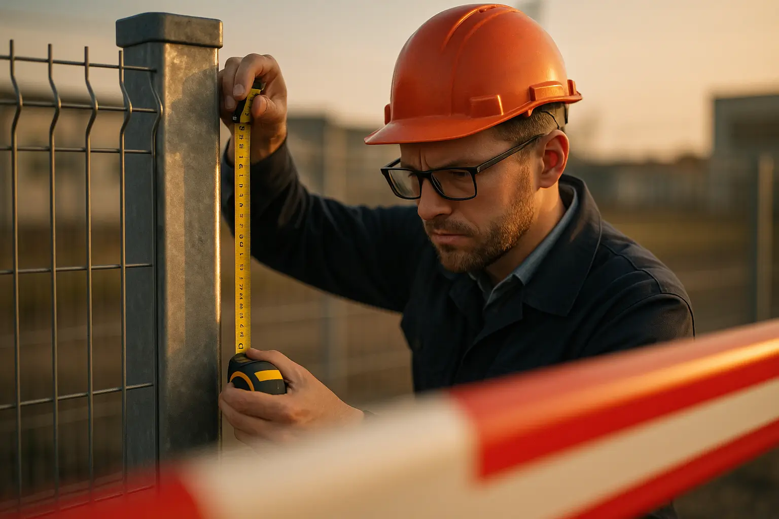 инженер делает замер стойки ограждения
