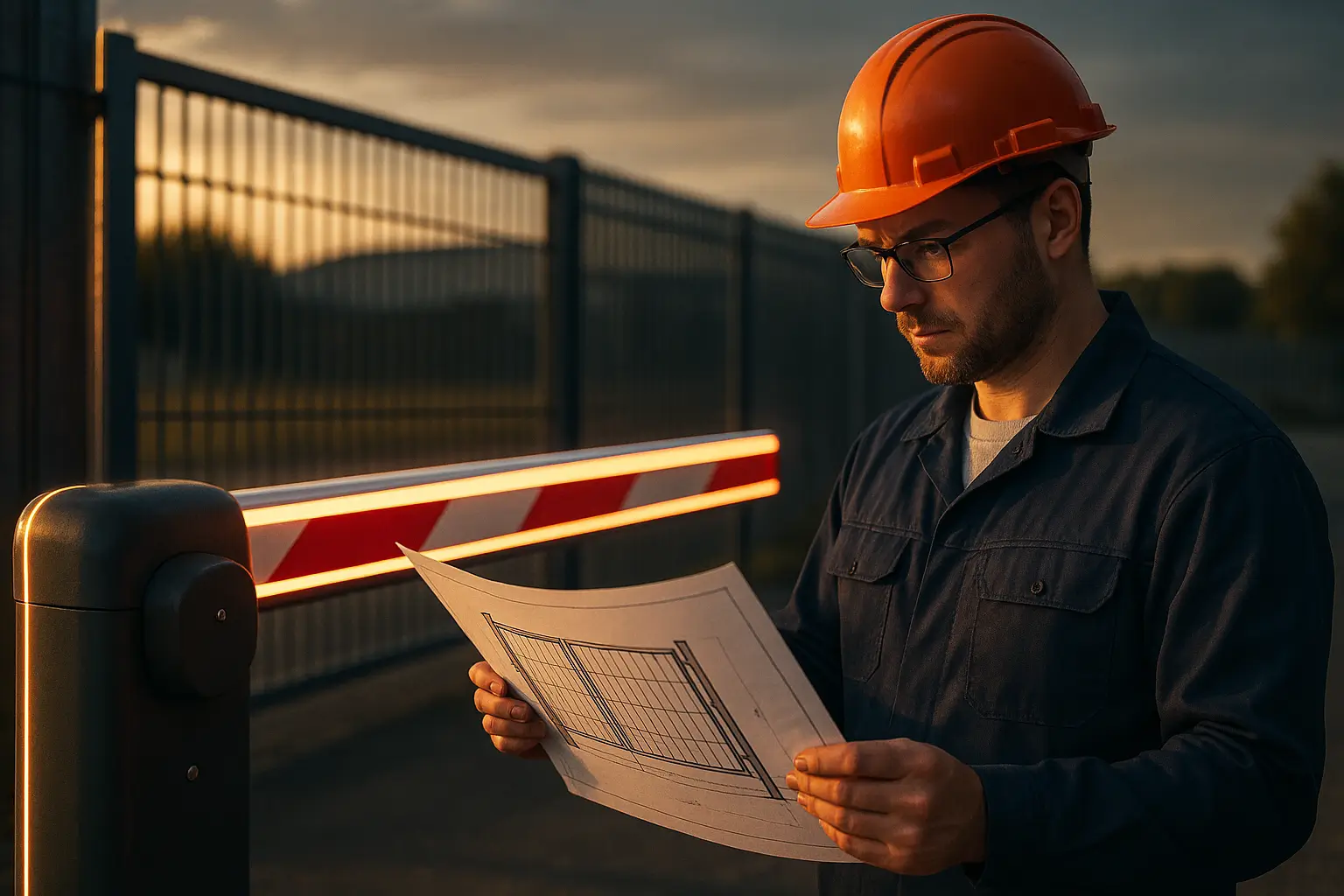 инженер с чертежом рядом со шлагбаумом